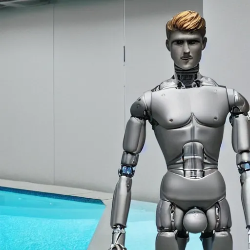 Image similar to a realistic detailed photo of a guy who is an attractive humanoid who is half robot and half humanoid, who is a male android, soccer player timo werner, shiny skin, posing like a statue, blank stare, by the pool, on display, showing off his muscles, humanoid robot, frozen ice statue, made of ice