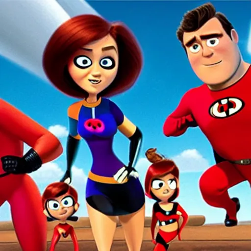 Prompt: bob parr as mr.incredible and helen parr as elastigirl spend time with violet and dash in incredibles movie from 2004