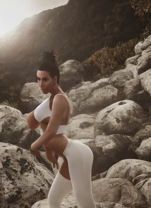 Image similar to kim kardashian, centered full body rear-shot, pov from rear, in skintight white sportswear, real photo, photoshooting, studio light, Irish mountains background, intricate, epic lighting, cinematic composition, hyper realistic, 8k resolution, unreal engine 5