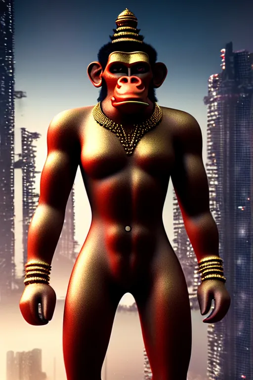 Prompt: high quality 3 d render ultra realistic cyborg hanuman! with gold nose piercings, cyberpunk highly detailed, mumbai in the background, unreal engine cinematic smooth, in the style of blade runner & solaris, hannah yata charlie immer, moody light, low angle, uhd 8 k, sharp focus