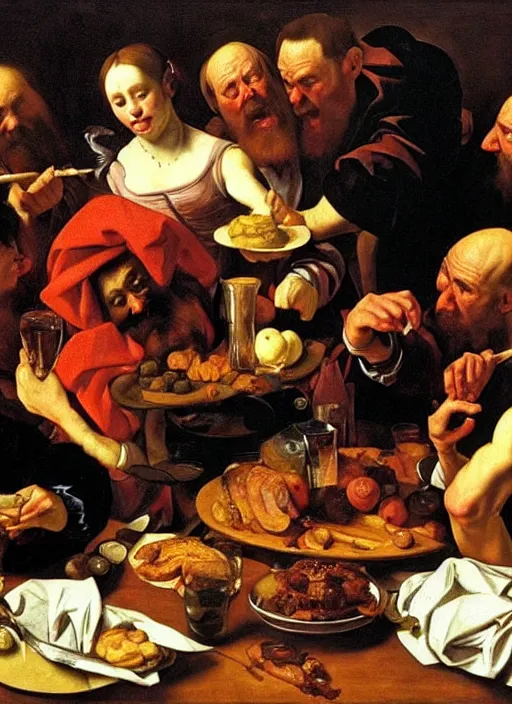 Image similar to bacon party in the style of a renaissance painting, insane detail, chiaroscuro oil painting, jan matejko, caravaggio, jan van eyck, gustave courbet, edward hopper, trending on artstation, artgerm