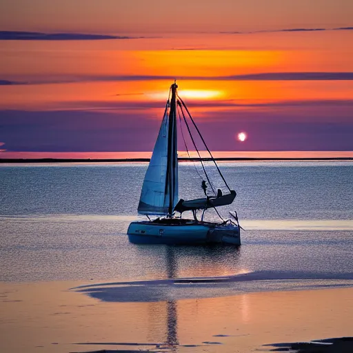 Prompt: sailboat stuck on sandbar at low tide, sunset, ewoks helping to push it free