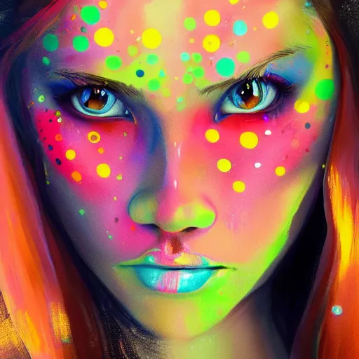 Image similar to beautiful face of girl in style spotty pointism with three eyes, super bright colors, colored spots, mixed liquid acrylic, painting come to life, artstation, ultradetail