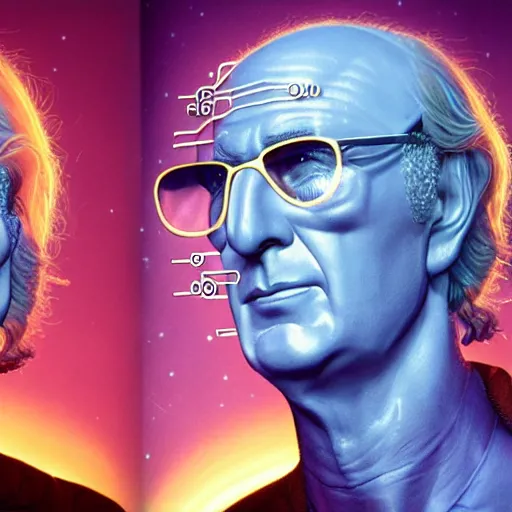 Prompt: celestial Larry David, facial portrait, retro-futuristic, legendary epic shot, 90s make-up, galaxy space hunter, cyber implants, wires, low angle, dawn, by syd mead , airbrush, science fantasy, 90s ad, concept art, realistic matte painting, Smooth gradients, octane render, 8k, High contrast, duo tone, depth of field, volumetric lightning, very coherent, symmetrical, skin pore detail