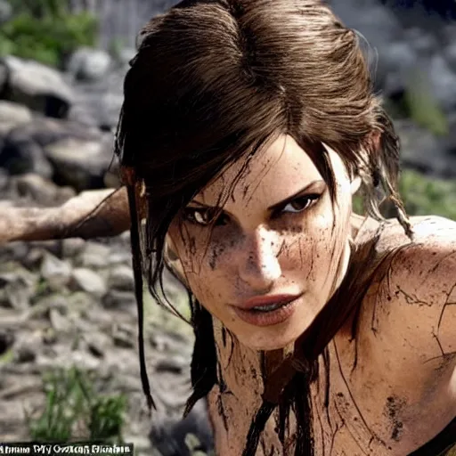Image similar to film scene lara croft emerges from the river water, her face is covered with mud, part of the body is still in the river, it looks sweaty