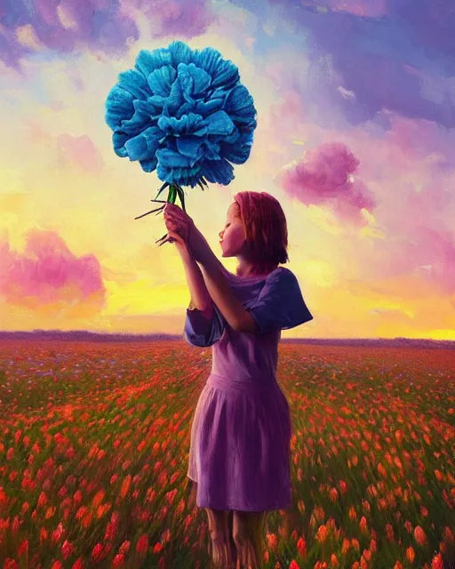 Image similar to girl with a giant carnation as face, surreal photography, flower field, sunset dramatic light, impressionist painting, colorful clouds, blue sky, digital painting, artstation, simon stalenhag