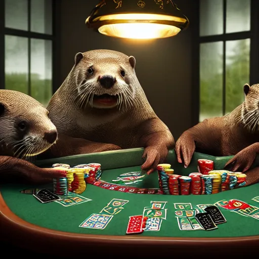 Image similar to otters playing poker, hyper detailed, dramatic lighting, cgsociety, realistic, hyper detailed, insane details, intricate, dramatic lighting, hypermaximalist, golden ratio, rule of thirds, octane render, weta digital, micro details, ultra wide angle, artstation trending, 8 k,