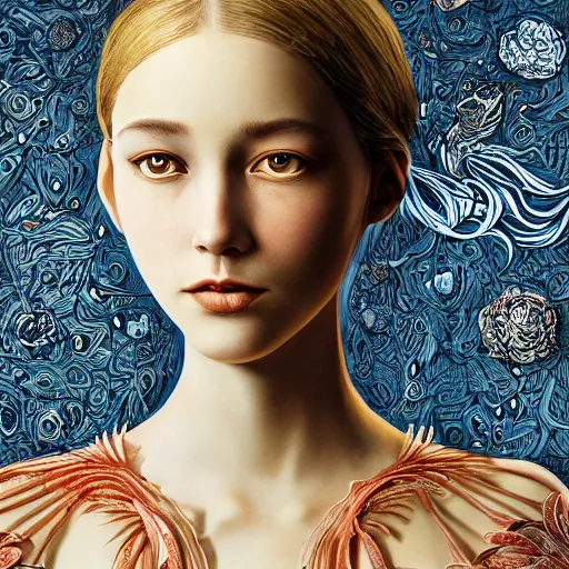 Image similar to the portrait of an absurdly beautiful, graceful, elegant, and sophisticated young woman made of garlic bulbs, an ultrafine detailed illustration by james jean, intricate linework, bright colors, final fantasy, behance contest winner, vanitas, angular, altermodern, unreal engine 5 highly rendered, global illumination, radiant light, detailed and intricate environment