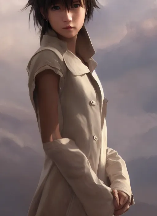 Prompt: upper body portrait of a young girl from final fantasy live action, with short black hair and green eyes in a tan trenchcoat over a white shirt, award winning, masterpiece digital painting by greg rutkowski, alex grey, artstation, 4 k wallpaper,