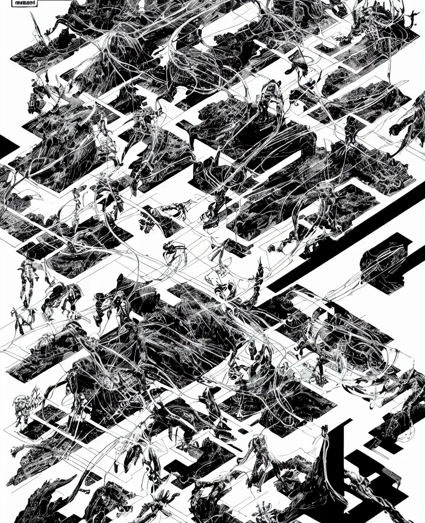 Image similar to black and white avengers fights with marvel monsters with wires, isometric, by tsutomu nihei, background cybernetic planets