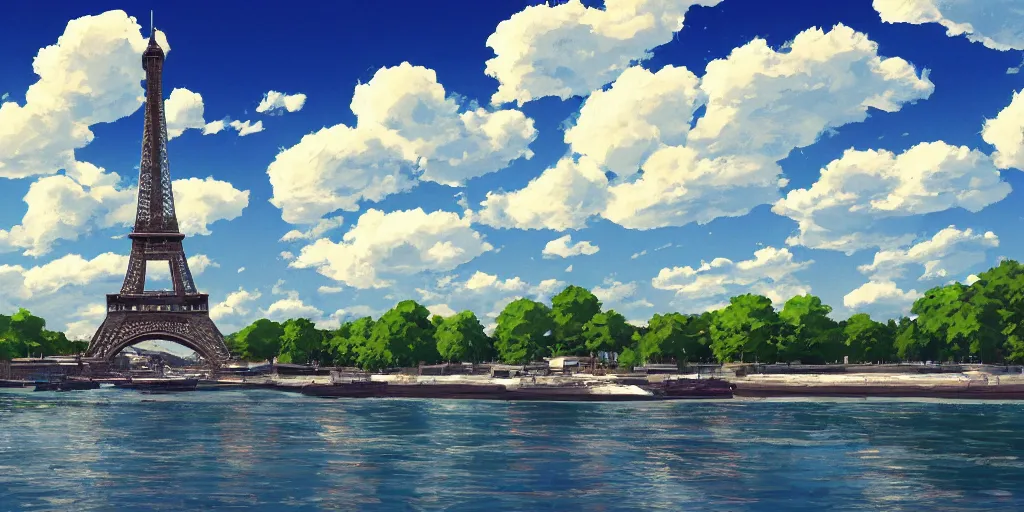 Image similar to a view on eiffel tower from seine with amazing clouds and blue sky, in the style of makoto shinkai anime and studio ghibli anime, colorful, romantic, 4 k resolution, artstation, pixiv, anime background,