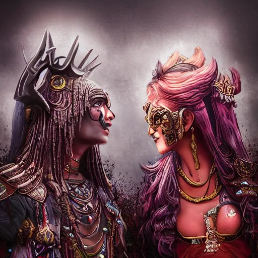 Image similar to the marriage between a death god and a war goddess in the style of high urban fantasy Hyper detailed Hyper Photorealistic High Resolution HD 8k post-processing