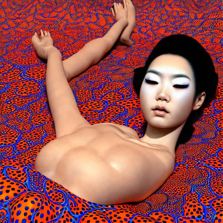 Image similar to realistic detailed image of a geisha laying down in a padded room, conjuring psychedelic background, part by yayoi kusama, part by alex gray, part by ross tran, part by james jean, ultra realistic, highly detailed, life like face, detailed body, 8 k, octane render, trending on artstation, very cohesive, masterpiece