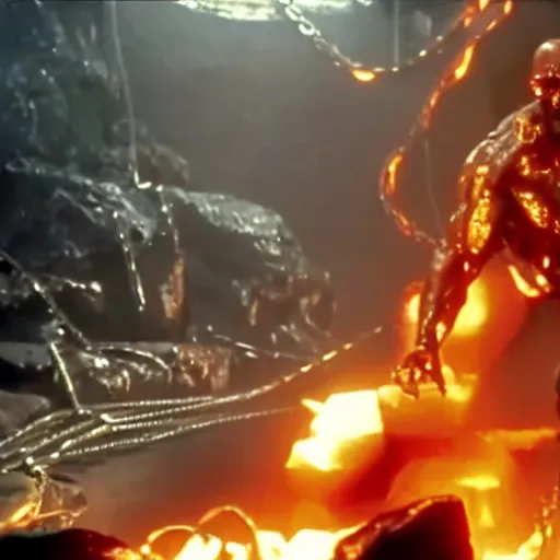 Image similar to film still of dwayne johnson descending into a molten metal pooll with chains and giving a thumbs - up in terminator 2 1 9 9 1, epic, volumetric lighting, hd, 8 k