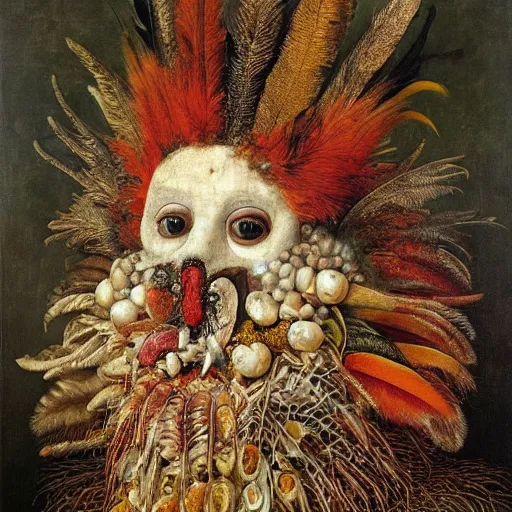 Prompt: a face covered in feathers by giuseppe arcimboldo, oil on canvas