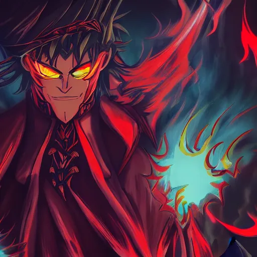 Image similar to villan devil handsome in demon slayer art, night, fire lines, anime style, detailed face, high quality, smooth in 8k, sharp focus, beautiful scene, black border, beautiful scene with a lot of colors, colorful fire, many colors