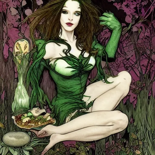 Image similar to a beautiful picture of doctor poison ivy professor of botany and doctor liliana vess professor of demonology having lunch, academic clothing, dark eyeliner, intricate, elegant, highly detailed, digital painting, artstation, concept art, matte, sharp focus, illustration, art by rebecca guay and by arthur rackham and by alphonse mucha and by john william waterhouse