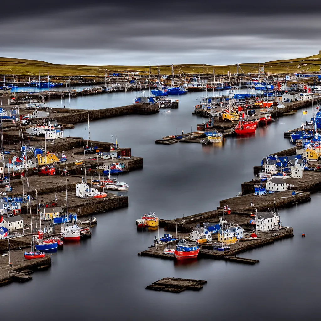 Prompt: a long exposure photograph of the harbour at Stromness orkney, bokeh, wide angle