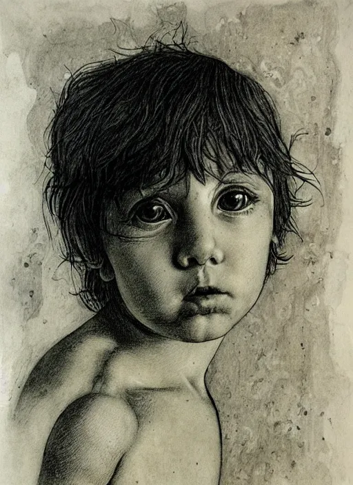 Prompt: potrait of a boy who is also a bird, fine etching and gouache by ihor podolchak and santiago sanjulian