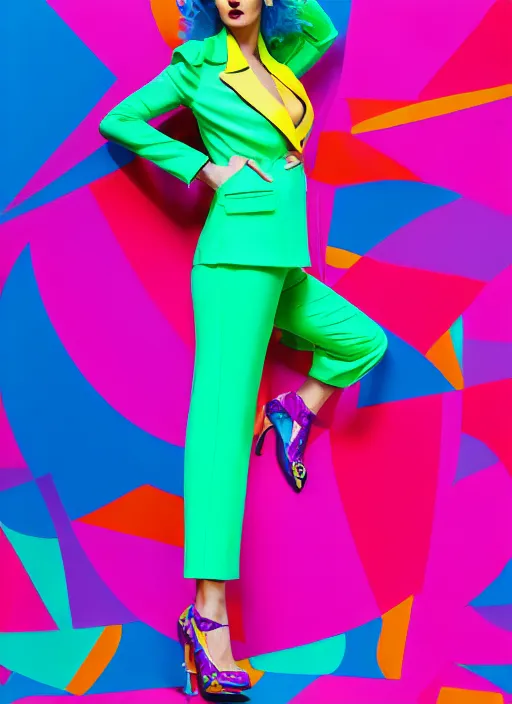 Image similar to bright trouser suit for a rave, bright colors, many details, prints, photo for a magazine, photo for a store, fashion photography, Vogue, 135 mm, cinematic, hyper realism, high detail, 8k, Two models in the frame, dynamic pose,Smooth skin, perfect face