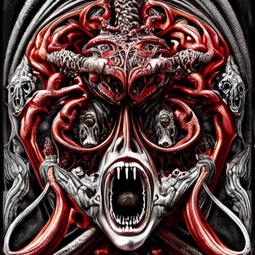 Image similar to the seven deadly sins, horror art, grotesque, zbrush art, majestic, silver filigree, colorful, dark fantasy, celtic knot, anatomical, h r giger style, frank frazetta, ornate, art nouveau, symmetrical, turquoise jewelry, red smoke insanely detailed and intricate, hypermaximalist, elegant, ornate, hyper realistic, super detailed