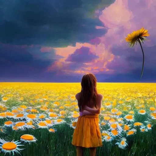 Image similar to head made of giant daisies, girl standing barefoot in a vast flower field, arms behind back, surreal photography, sunrise dramatic light, impressionist painting, colorful clouds, large sky, digital painting, artstation, simon stalenhag, flower face