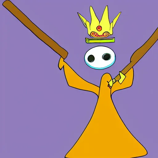 Image similar to a cartoon style bean with eyes and a mouth, holding a staff, wearing kings crown, cartoon, art, cartoon realism,