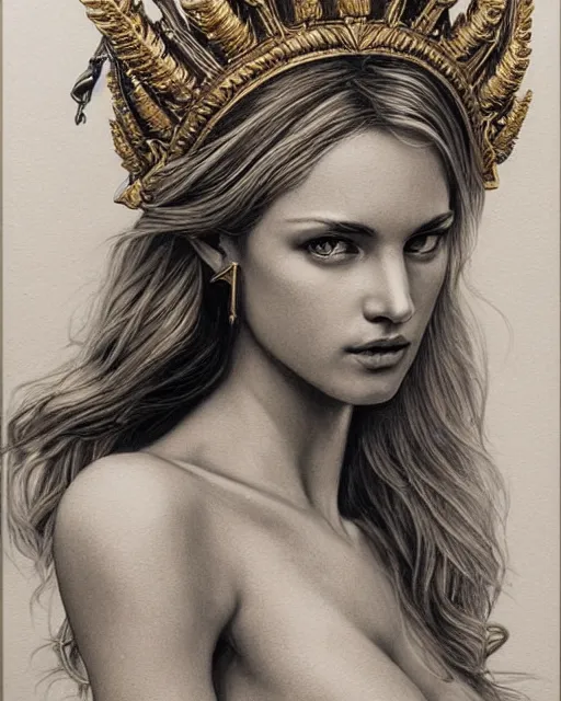 Image similar to beautiful aphrodite greek goddess wearing a golden laurel wreath and arrowhead earrings, hyper - realistic pencil drawing, beautiful piercing eyes with sharp pupils, beautiful blonde hair, in the style of greg rutkowski, fantasy, amazing detail, epic, elegant, smooth, sharp focus