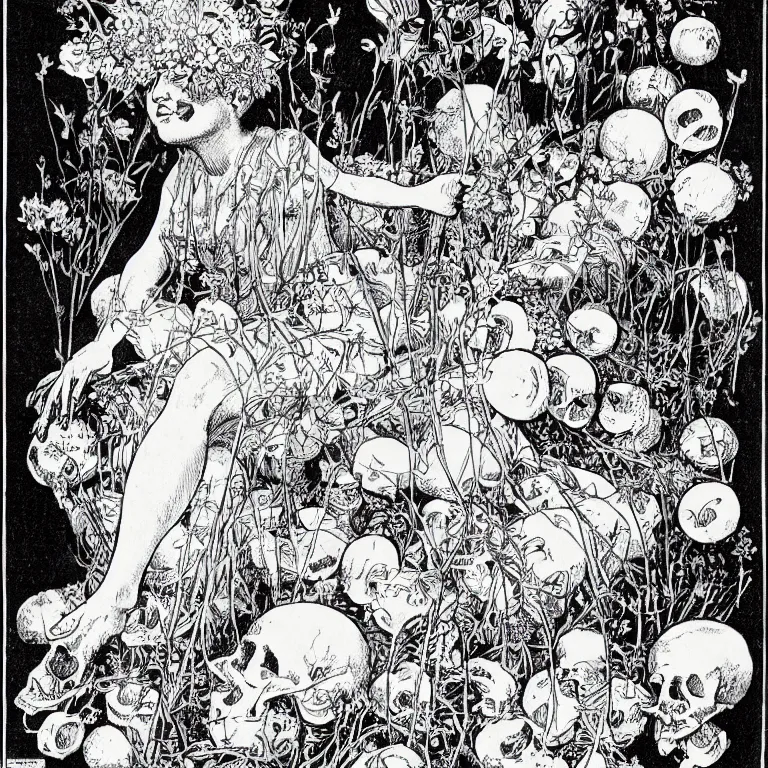 Image similar to a walther caspari illustartion in lustige blatter in 1 8 9 9 of a young goddess sitting on a conical pile of small skulls with huge flowers on tall stalks behind her, black and white pen an ink drawing