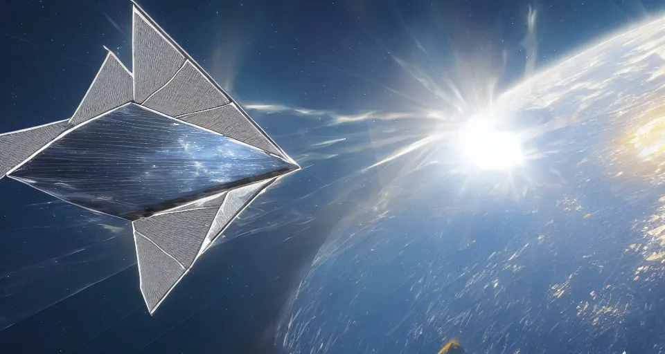 Image similar to solar sail, floating in space between the sun and earth, artstation