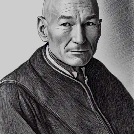 Image similar to hyperdetailed pencil drawing of Patrick Stewart, by Caravaggio