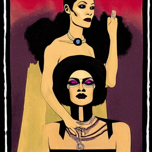 Image similar to thandiwe newton as the comic book character, death, a young and beautiful pale goth girl wearing a black vest and black punk hair, an ankh medallion hangs around her neck. dramatic makeup, the actress thandiwe newton, portrait by joshua middleton and coles phillips, kandinsky, egyptian iconography, film noir