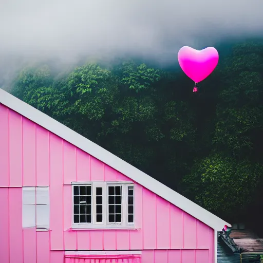 Image similar to a 5 0 mm lens photograph of a cute pink floating modern house, floating in the air between clouds, inspired by the movie up, held up from above by a heart - shaped ballon. mist, playful composition canon, nikon, award winning, photo of the year