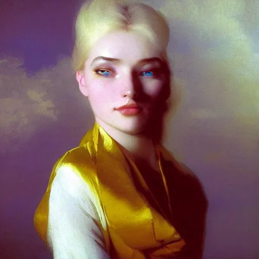 Image similar to a young woman's face, her hair is golden white and she wears an cobalt blue satin cloak, by ivan aivazovsky and syd mead and moebius and gaston bussiere and roger dean and pieter claesz and paul delaroche and alma tadema and aelbert cuyp and willem claesz, hyperrealistic, volumetric light, octane render