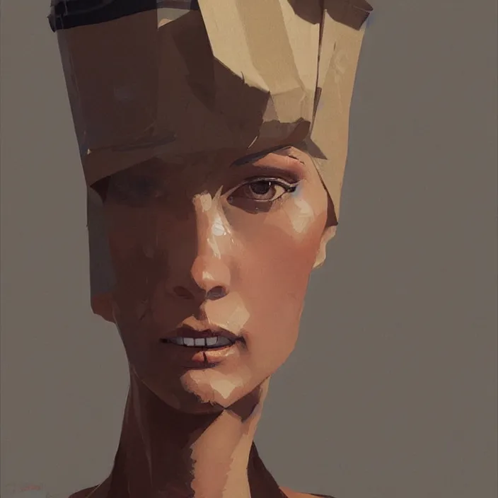 Image similar to woman portrait with a paper bag over the head, highly detailed, artstation, art by ian mcque, ilya kuvshinov, zdislav beksinski, wayne barlowe, edward hopper