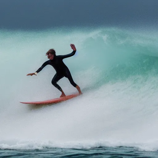 Image similar to professional photo of a surfer on a huge wave, summer season, 8 k