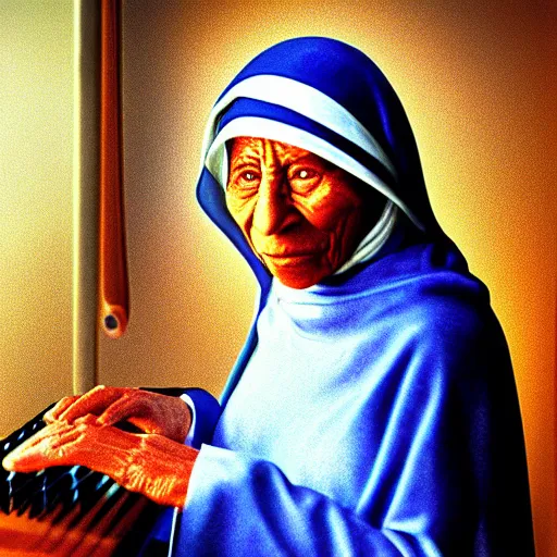 Image similar to hyperrealistic hdr photography of mother theresa playing beatsabre.