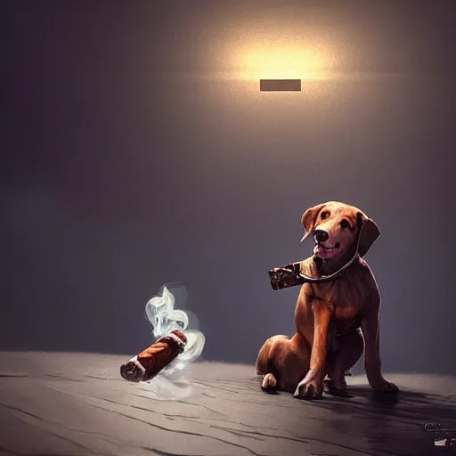 Image similar to a dog wearing smoking a cigar, dramatic lighting, cinematic, establishing shot, extremly high detail, photorealistic, cinematic lighting, concept art, artstation, style by greg rutkowsky