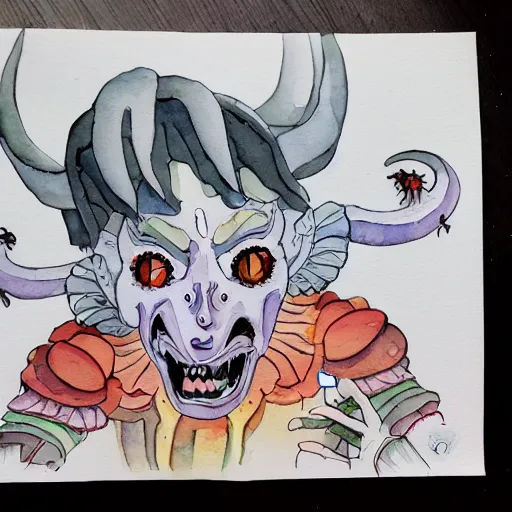 Image similar to whimsical silly watercolor painting of a terrifying demon, in the style of studio ghibli