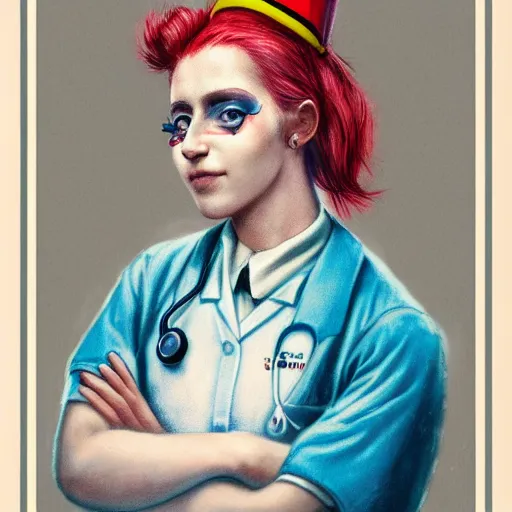 Image similar to clowncore pastel punk young hospital nurse wearing stylish uniform. detailed, portrait, 8 k, artwork by jean - baptiste monge