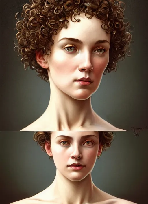 Prompt: symmetry!! portrait of a woman with short curly hair, round face, cottagecore!!, nature, intricate, elegant, highly detailed, digital painting, artstation, concept art, smooth, sharp focus, illustration, art by artgerm and greg rutkowski and alphonse mucha