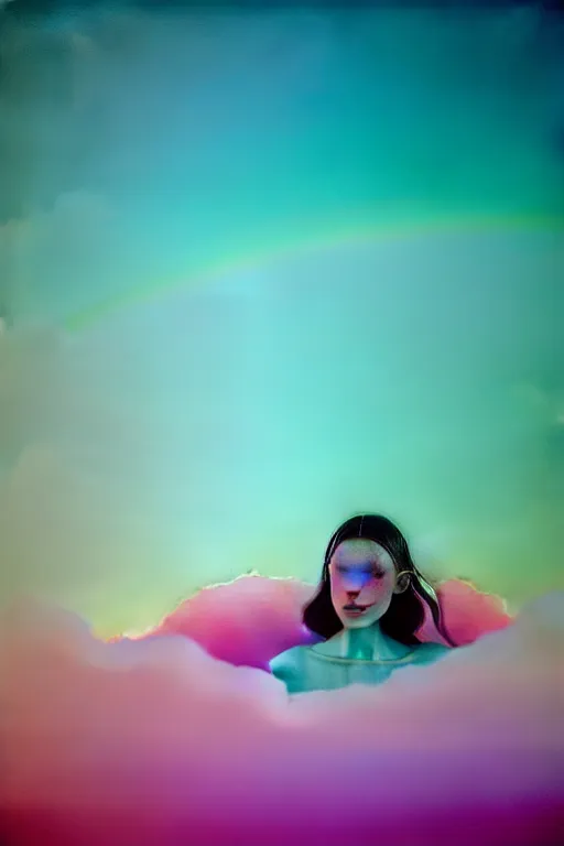 Image similar to high quality pastel coloured film close up wide angle photograph of a model wearing clothing swimming on cloud furniture in a icelandic black rock!! environment in a partially haze filled dreamstate world. three point light, rainbow. photographic production. art directed. pastel colours. volumetric clouds. pastel gradient overlay. waves glitch artefacts. extreme facial clarity. 8 k. filmic.