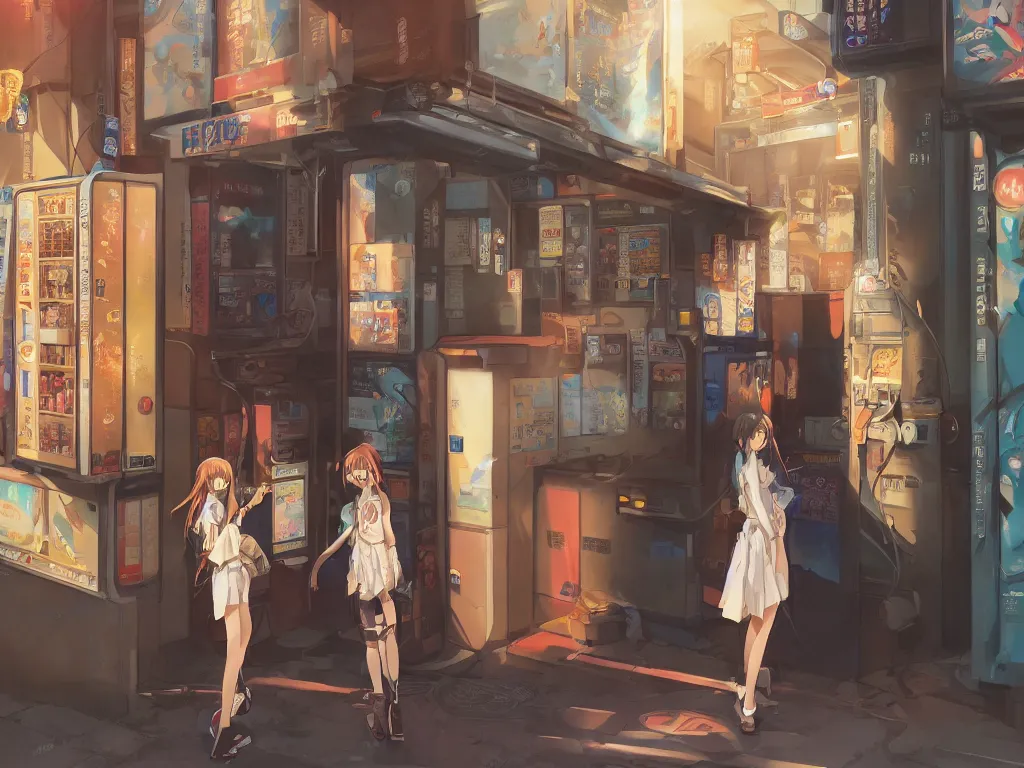 Image similar to Two beautiful anime girls, standing in front of a vending machine outside of a Japanese convenience store, in narrow Tokyo alleyway, gorgeous sunlight and shadows, D&D, fantasy, highly detailed, digital painting, artstation, concept art, sharp focus, illustration, in style of GUWEIZ and WLOP and NIXEU and Craig Mullins