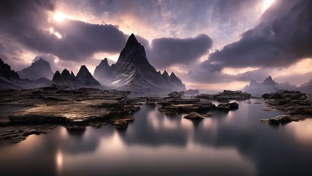 Image similar to amazing landscape photo of atlantis by marc adamus, beautiful dramatic lighting