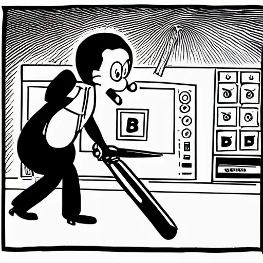 Prompt: a black and white photograph of a cartoonist destroying a computer with a baseball bat, in the style of gary baseman, robert crumb, photorealism, high contrast, soft lighting, film photography