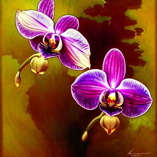 Image similar to surreal orchid hybrid, bright diffuse lighting, soft, sharp focus, art by collier, albert aublet, krenz cushart, artem demura, alphonse mucha
