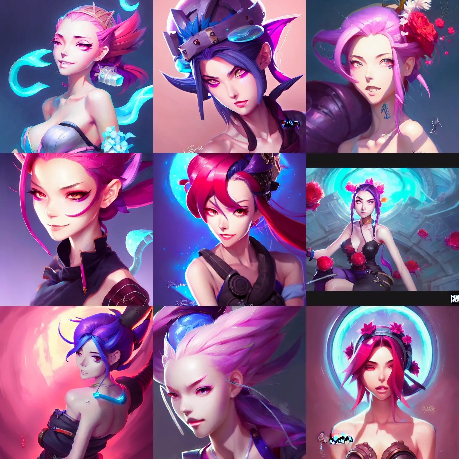 Prompt: jinx, zaun background, piltover, league of legends, arcane series netflix, flower explosion, portrait shinkai makoto studio ghibli studio key hideaki anno sakimichan stanley artgerm lau rossdraws james jean marc simonetti elegant highly detailed digital painting artstation pixiv