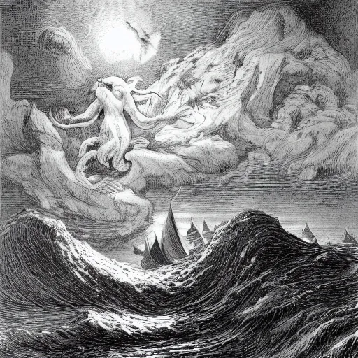 Image similar to a traditional portrait of cthulhu, small town in the background, night, soaring waves, clouds, illustration by Gustave Doré