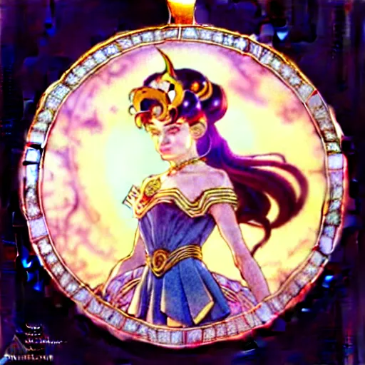 Prompt: a beautiful detailed necklace with a sun, sailor moon aesthetic, fantasy, intricate, elegant, highly detailed, digital painting, artstation, concept art, matte, sharp focus, illustration, art by Artgerm and Greg Rutkowski and Alphonse Mucha