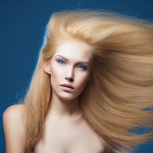 Image similar to a beautiful portrait of a woman with long blue Golden hair, studio camera setup, ultra realistic photo